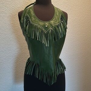 Genuine Green Fringe Rhinestone Studded Scalloped Leather Tie Halter Backless